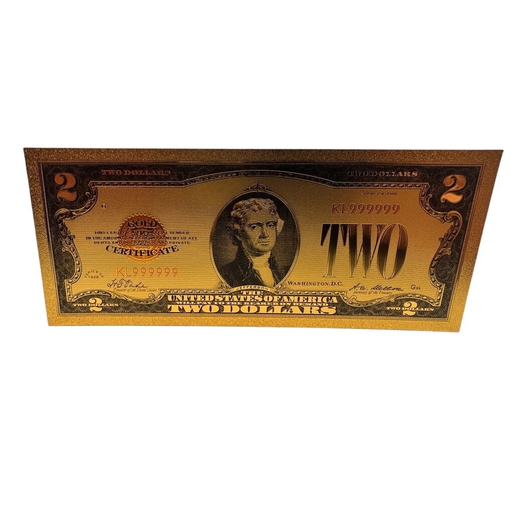 24K Gold Foil Two Dollar Bill 1928 Gold Certificate Novelty Thomas Jefferson $2